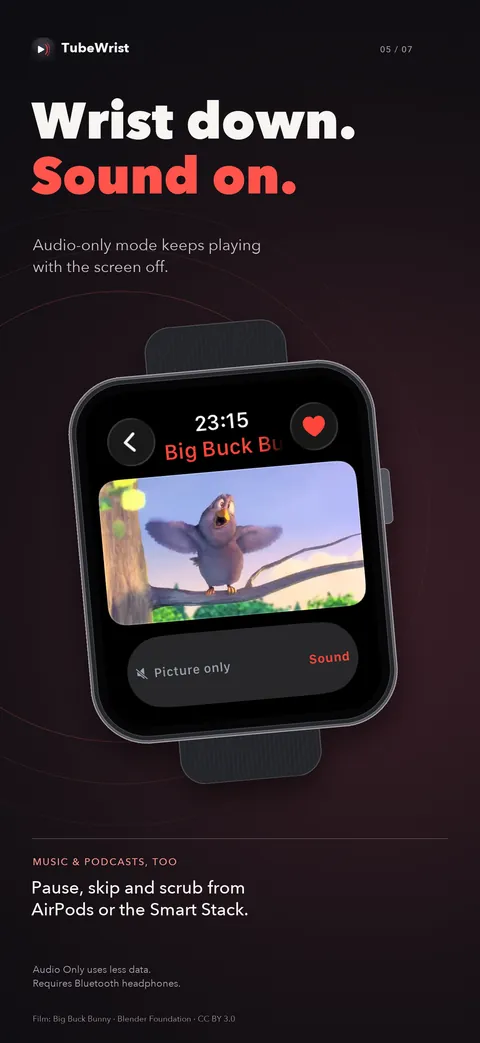 TubeWrist audio-only mode keeps playing on Apple Watch with the screen off